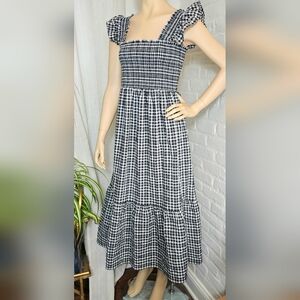 The Standard Stitch Smocked Gingham Midi Dress Black & White Size L NWT